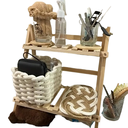 Organize in style with this sturdy wooden double-layer trapezoidal storage rack