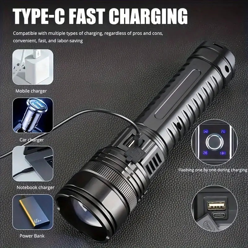 Telescopic Zoom C-Type Rechargeable Flashlight with Intelligent Power Display