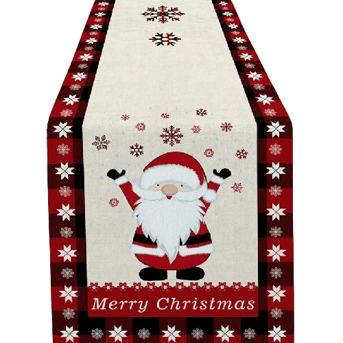 Seasonal Winter Holiday Table Runner - Red and Black Buffalo Check Plaid with Santa Claus & Snowflake Patterns