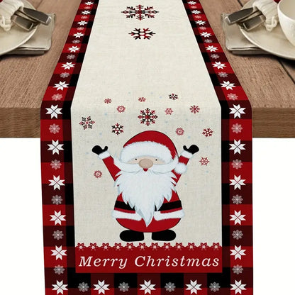 Seasonal Winter Holiday Table Runner - Red and Black Buffalo Check Plaid with Santa Claus & Snowflake Patterns