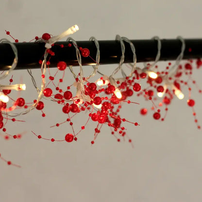 Red Pearl Chain String Lights - 20 LED Lighted Berry Beaded Garland
