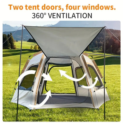 Hexagonal Fiberglass Pole Camping Tent - Silvery Glue Beige, 4-Person Capacity