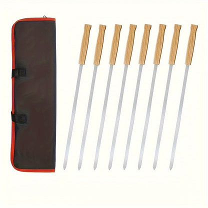 8-Pack Stainless Steel BBQ Skewers with Wooden Handles