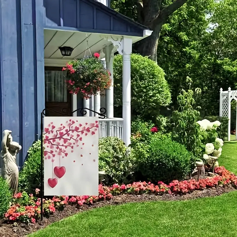 Valentine's Day Garden Flag - Double-Sided Tree with Paper Leaves & Hanging Hearts Burlap Yard Decor (31.75 x 45.72 cm)