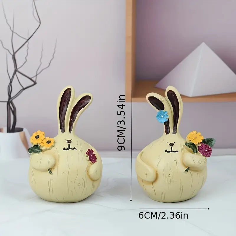 Easter Resin Decorations - Charming Rabbit Lovers Picking Flowers (Set of 2)