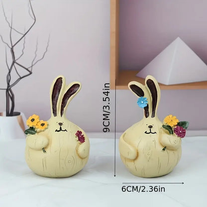 Easter Resin Decorations - Charming Rabbit Lovers Picking Flowers (Set of 2)