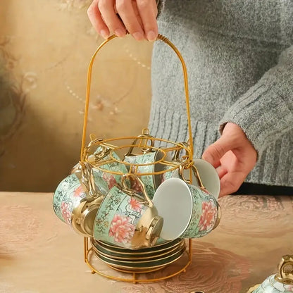 Green Elegance in Bloom: 20-Piece Ceramic Tea and Coffee Set with Iron Rack