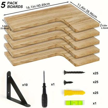 Set of 5 Rustic Wooden Corner Floating Shelves - Wall Mounted Storage Racks