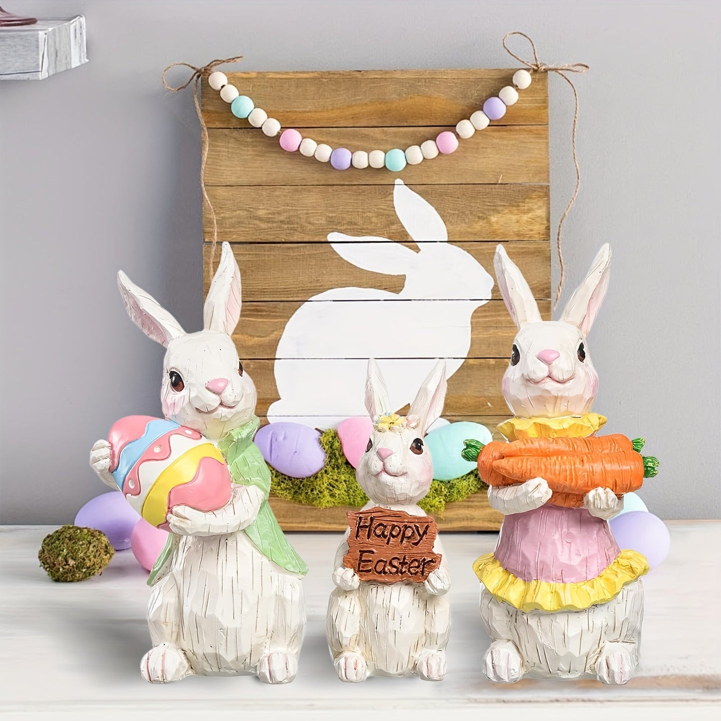 3pcs Vintage Easter Rabbit Resin Ornaments Decor