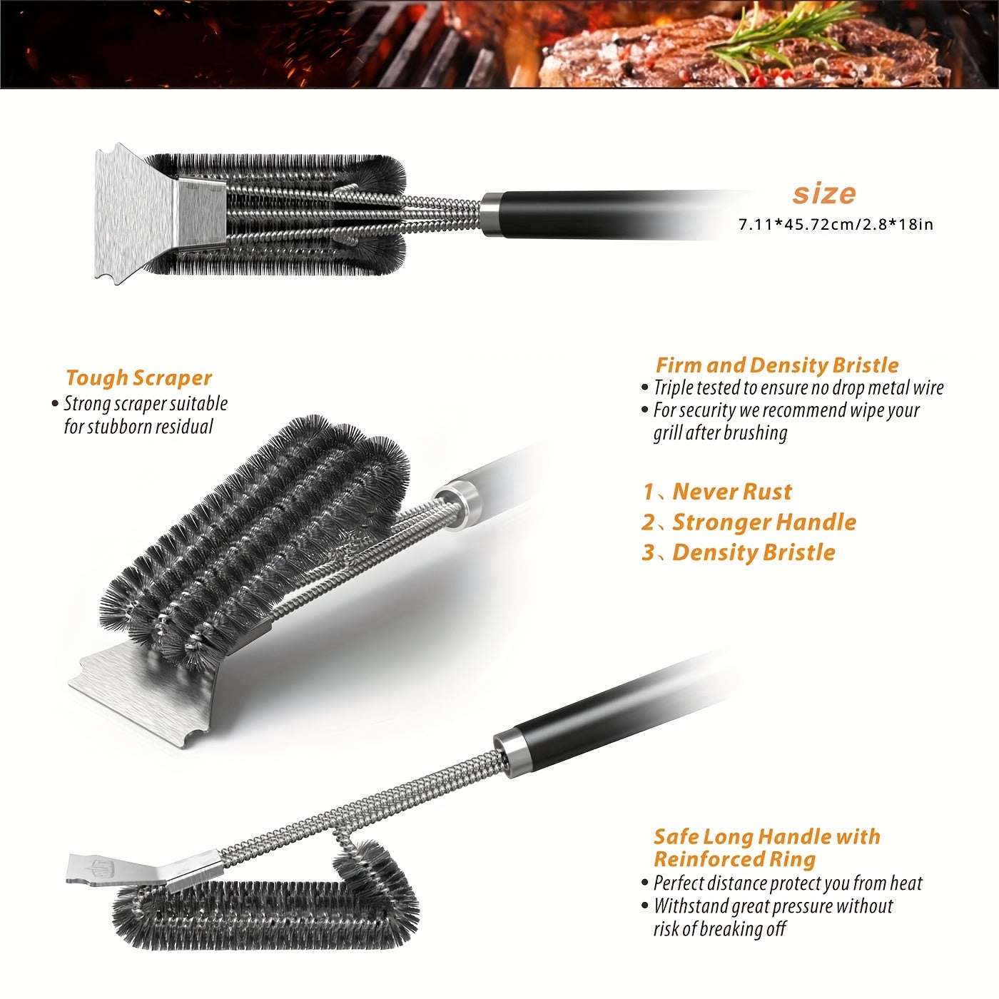 BBQ Grill Brush with Scraper with 3-Head