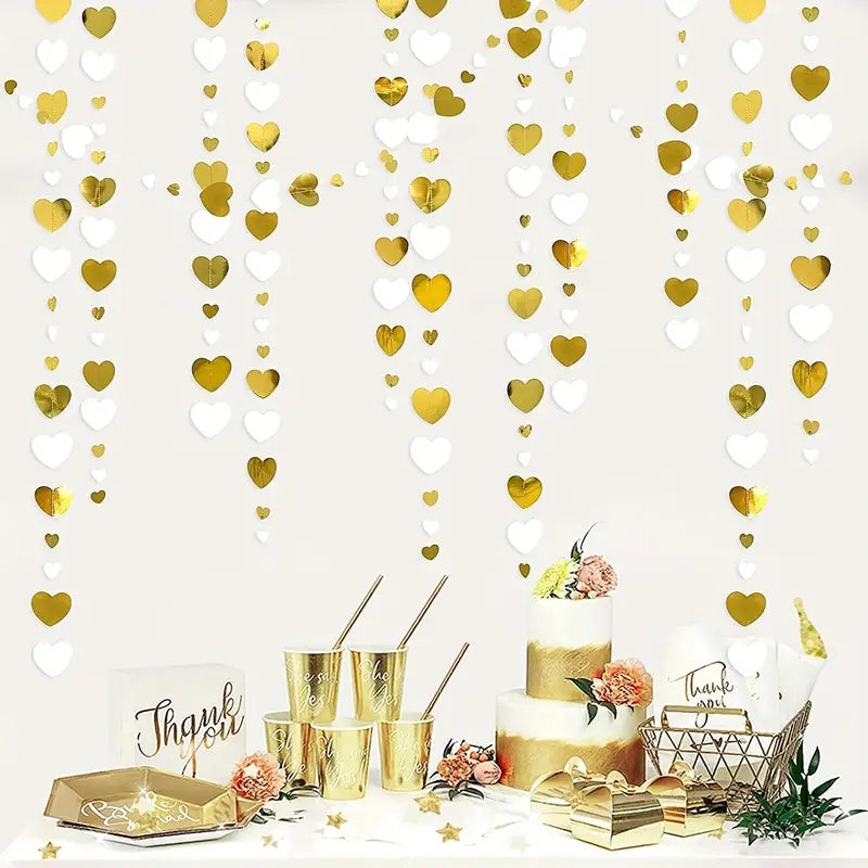 Heartfelt Elegance: 4m White and Golden Heart Shaped Garland