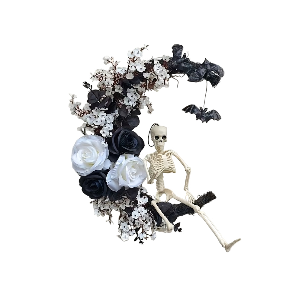 Halloween Moon Black Wreath Skull Bones Bats Roses