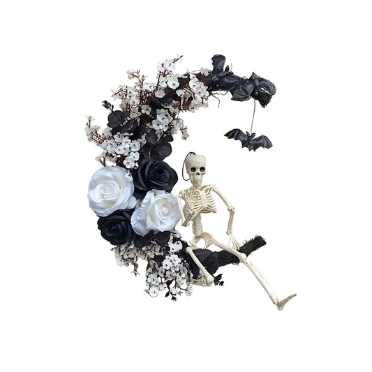 Halloween Moon Black Wreath Skull Bones Bats Roses