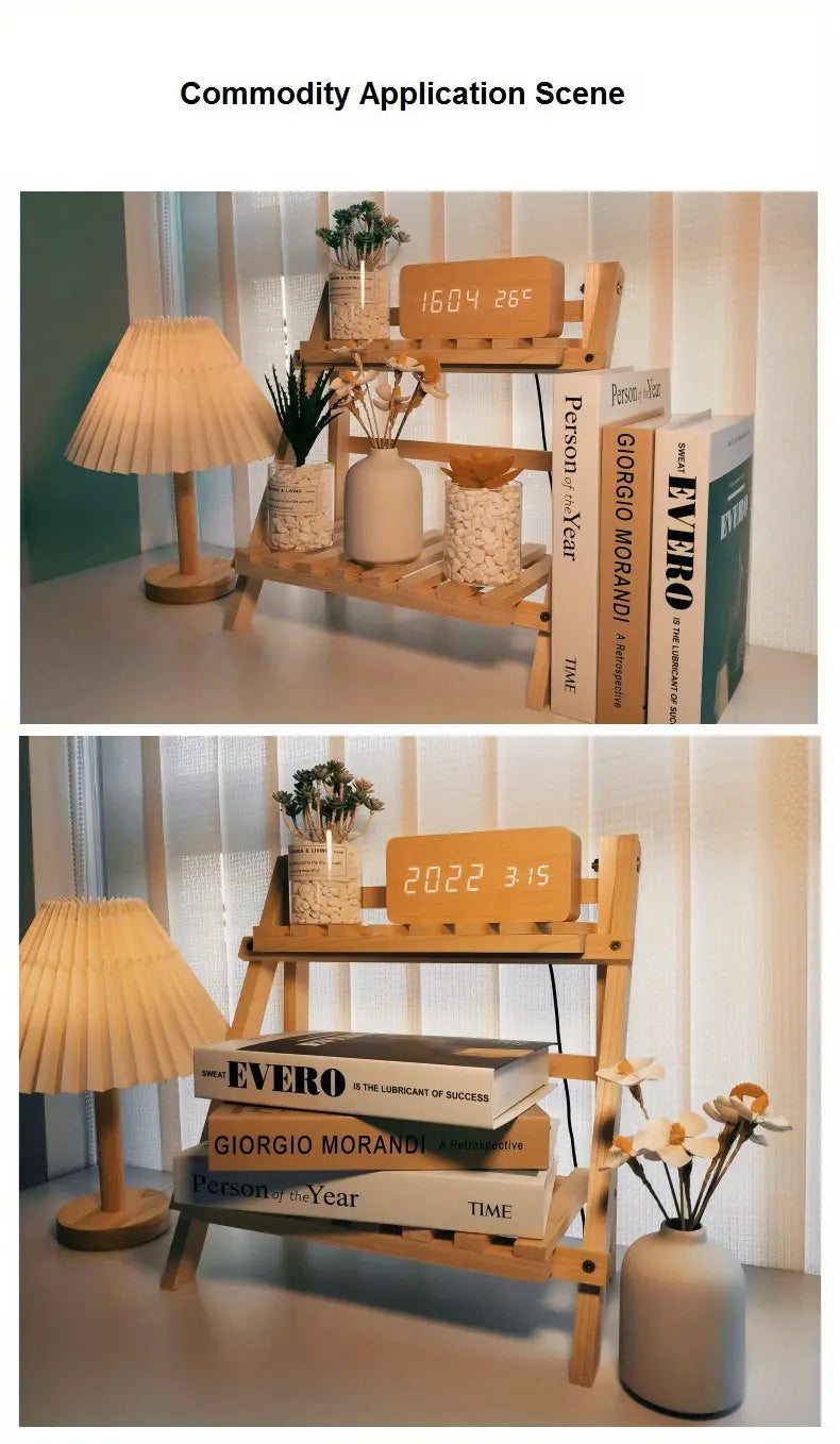 Organize in style with this sturdy wooden double-layer trapezoidal storage rack