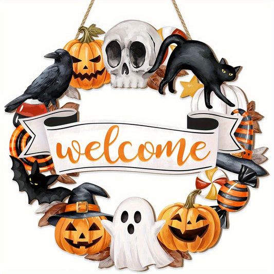Halloween Wooden Wreath Black Cat Pumpkin Skull Sign