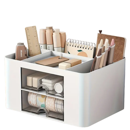 White Pen Organizer with 2 Drawers - Multi-Functional Desk and Office Supplies Holder- White