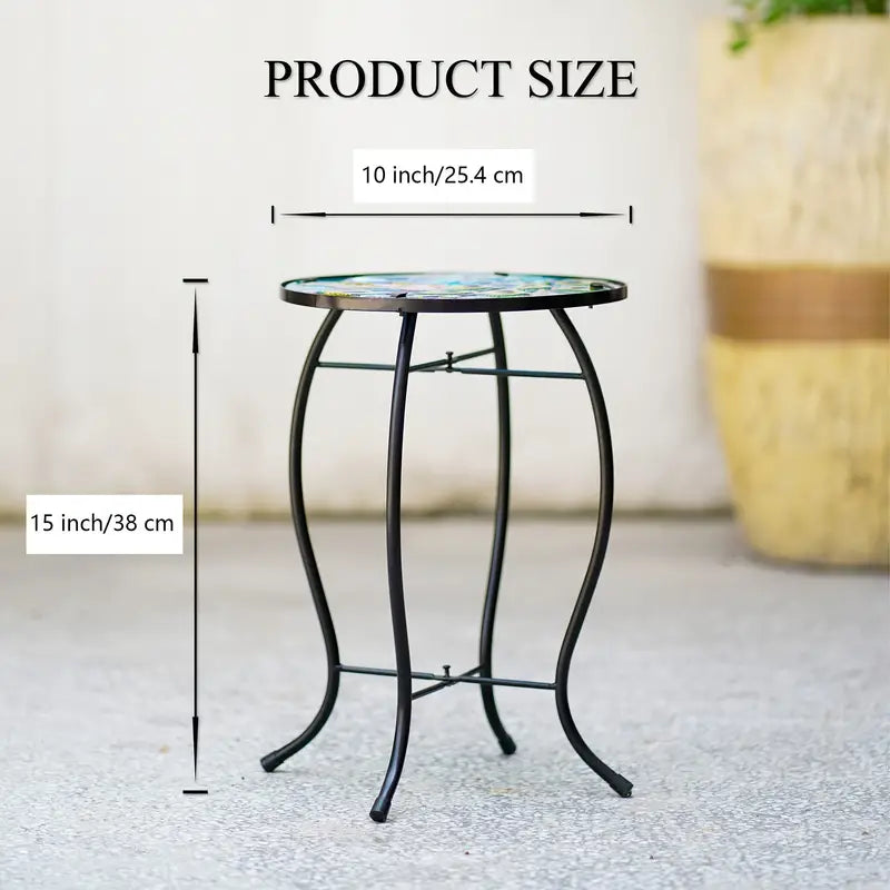 Terrance Floral Patio Side Table - Small Outdoor Glass End Table