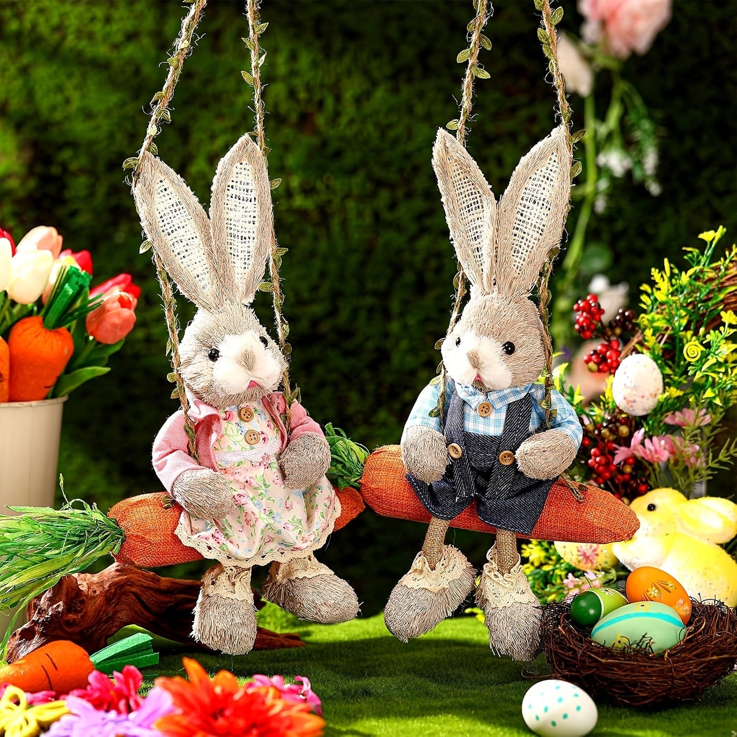 2pcs Easter Hanging Rabbit Statue with Carrot Swing