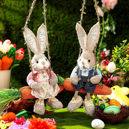 2pcs Easter Hanging Rabbit Statue with Carrot Swing