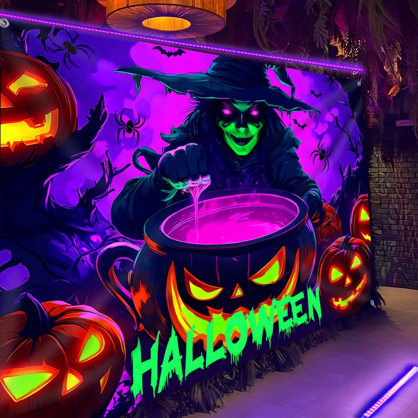 Witch and Pumpkin Glow-in-the-Dark Halloween Tapestry