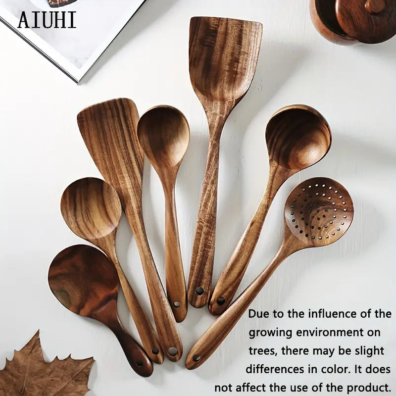 7-Piece Natural Teak Wooden Spoons for Cooking Set