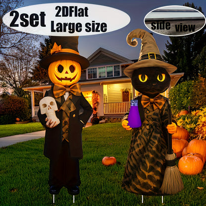 Halloween Yard Pumpkin Gentleman & Black Cat Witch
