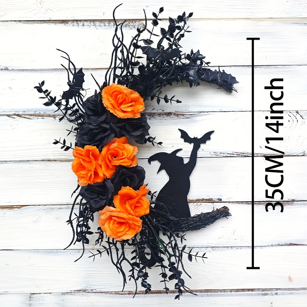 Halloween Witch Cat Moon Wreath Door Decor