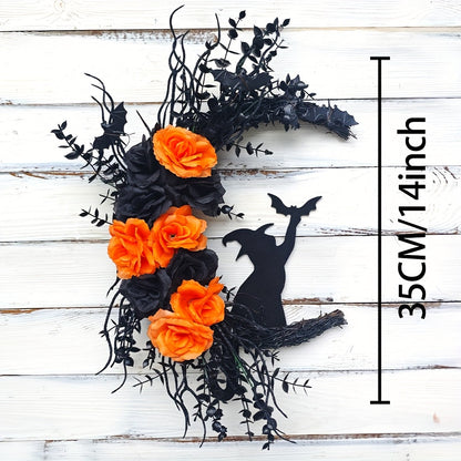 Halloween Witch Cat Moon Wreath Door Decor