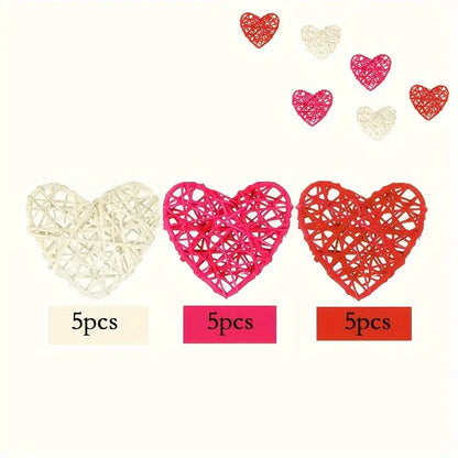 Valentine's Day Vine Heart Craft Set - 15pcs Heart-Shaped Willow Vase Fillers in White, Pink, and Red