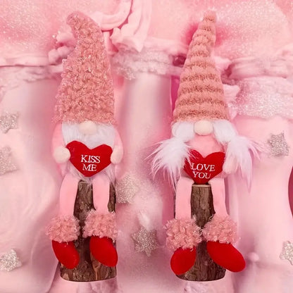 Romantic Handmade Plush Valentine's Day Gnome Decor Set - Long Leg Love Heart Design