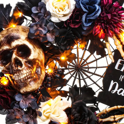 Eerie Illuminations: Skull Wreath with Spider Web and LEDs