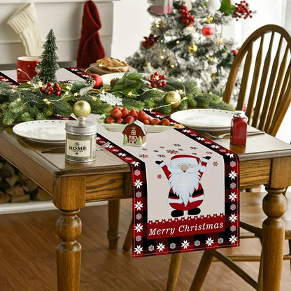 Seasonal Winter Holiday Table Runner - Red and Black Buffalo Check Plaid with Santa Claus & Snowflake Patterns