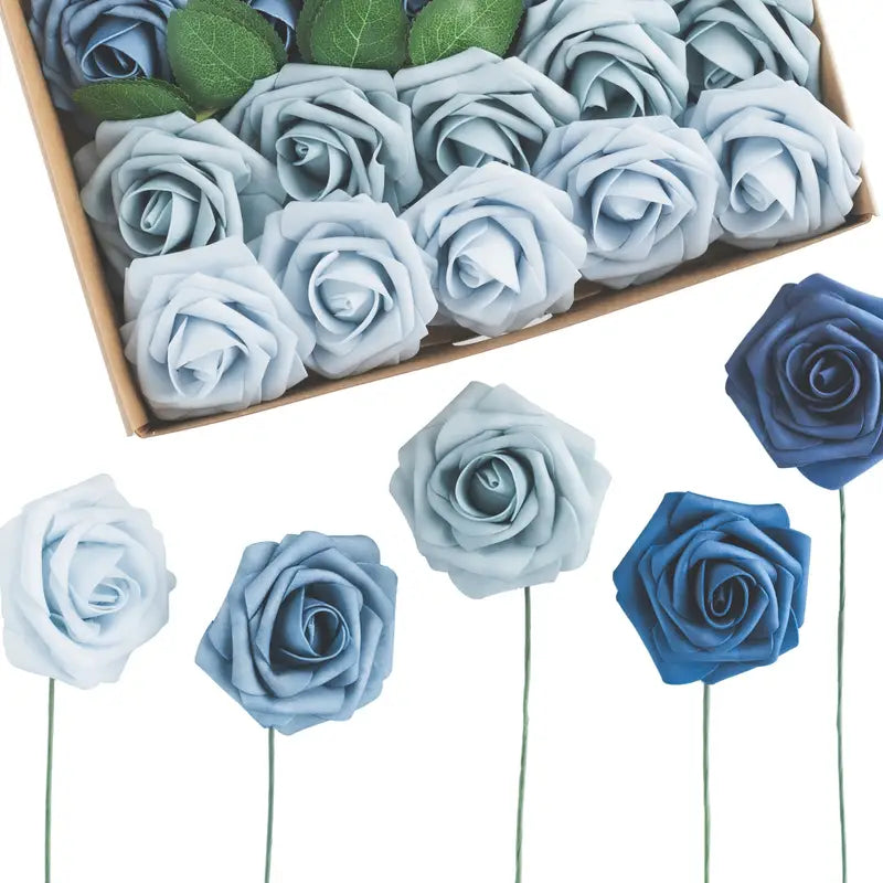 25-Piece Soft-Touch Foam Artificial Rose Flowers - Five Shades of Blue