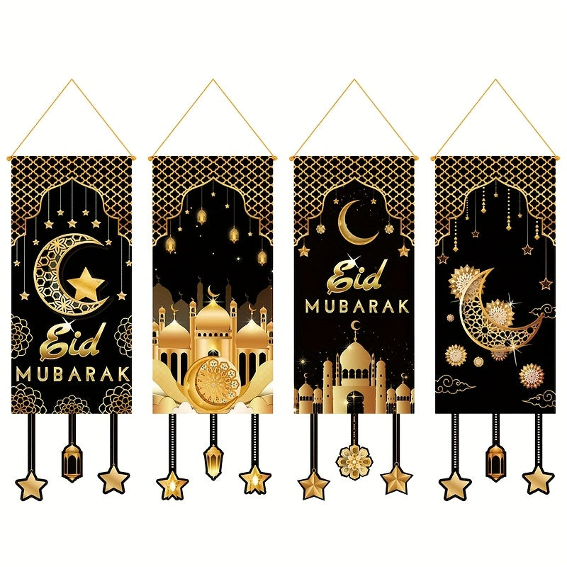 4pcs Black Golden Moon Islamic Hanging Flags