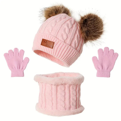 Cozy Kids' Winter Knitted Hat, Scarf, and Glove Set - Pink