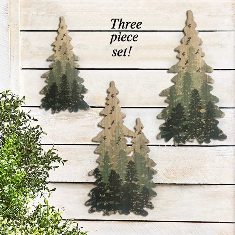Rustic Charm: Set of Three Wooden Christmas Tree Wall Ornaments
