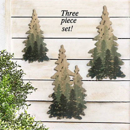 Rustic Charm: Set of Three Wooden Christmas Tree Wall Ornaments