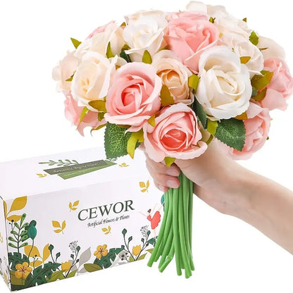 12-Piece Premium Artificial Rose Flowers with Stems(Champagne)