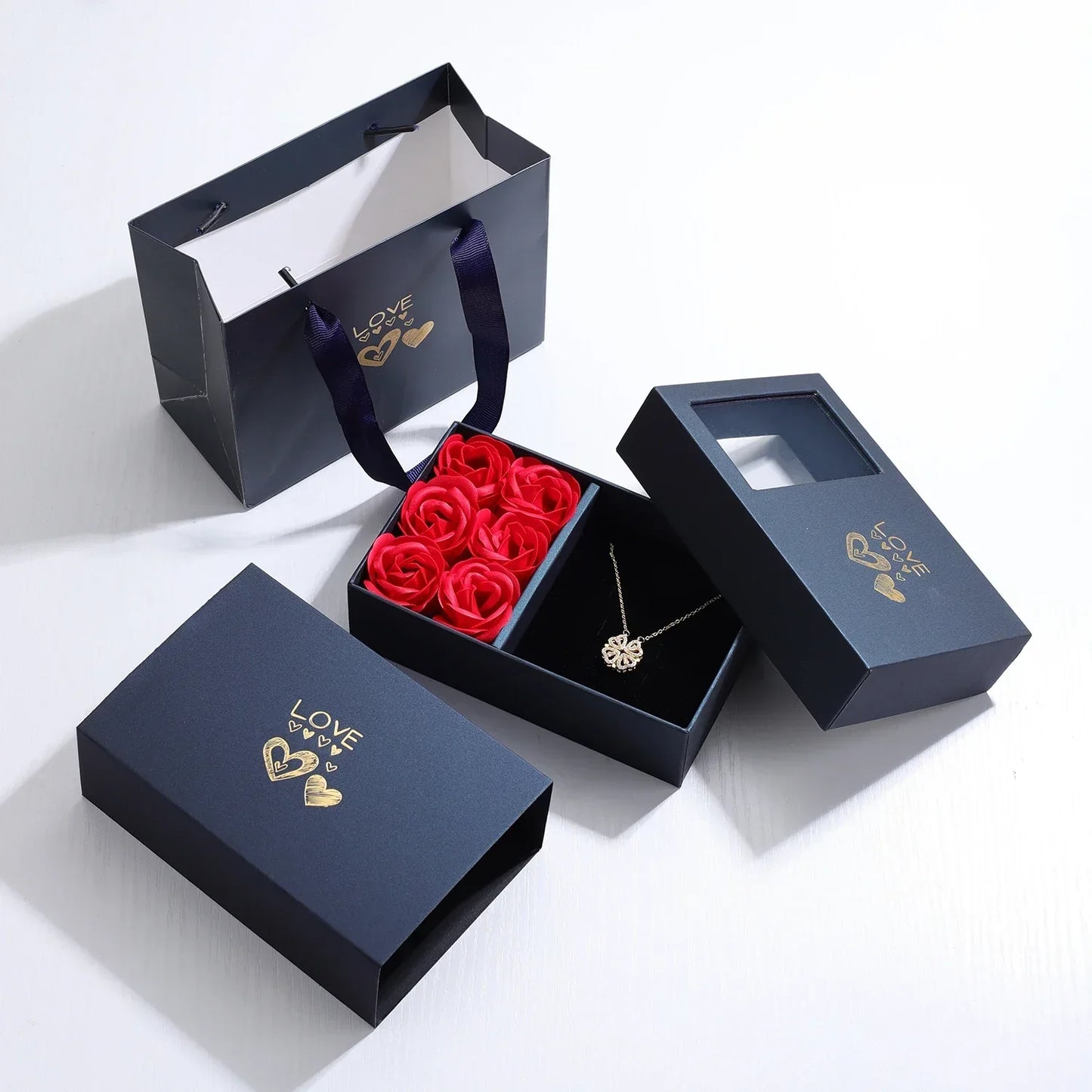 Charming Four-Leaf Clover Heart Necklace in Rose Gift Box