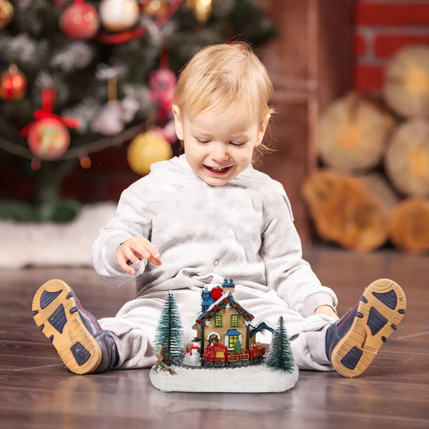 Battery-Operated LED Resin Log Cabin Christmas Ornament