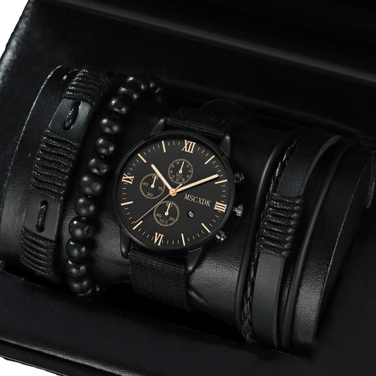 Black wristwatch with leather strap and beaded bracelet on a dark background