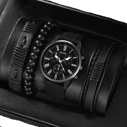 Black wristwatch with leather strap and beaded bracelet on a black background