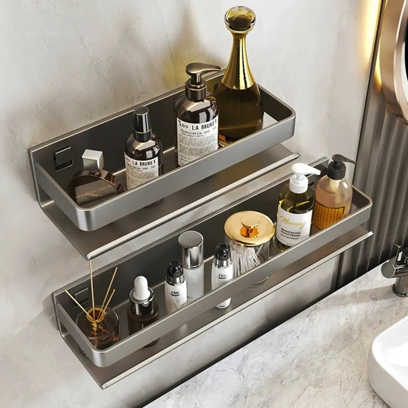 Contemporary Gray Bathroom Shelf Organizer - Wall-Mounted Corner Storage Rack