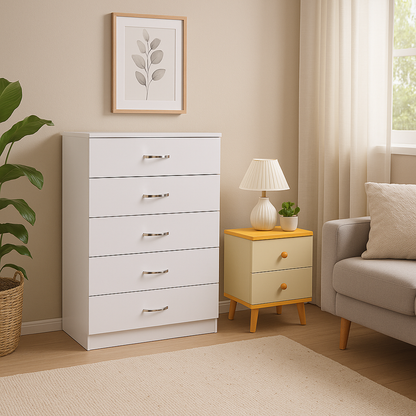 5 Layer White Drawer Chest Storage with Bedside Table