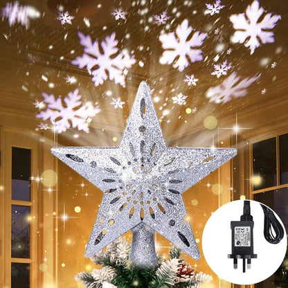 3D Glitter Star Christmas Tree Topper with Rotating LED Snowflake Projector