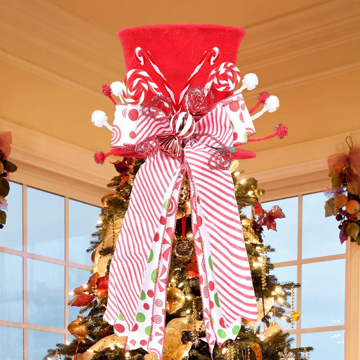 Christmas Tree Topper Hat with Bow Ribbon