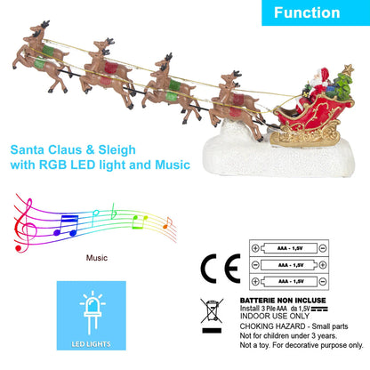 Christmas Village Decoration LED Santa's Sleigh and Reindeer Figurines