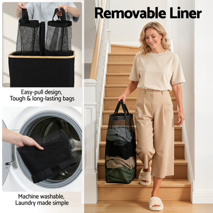 2-Section Foldable Laundry Basket with Removable Bags