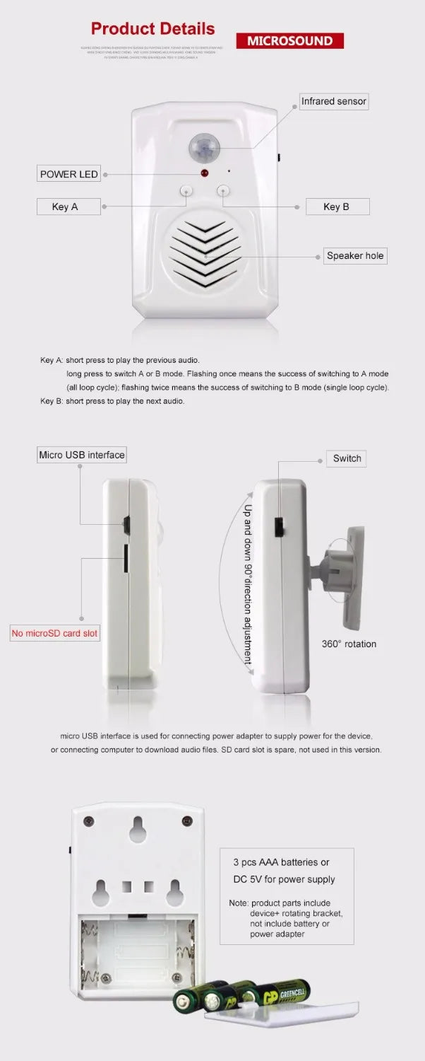 MP3 Wireless PIR Motion Sensor Doorbell with USB Cable