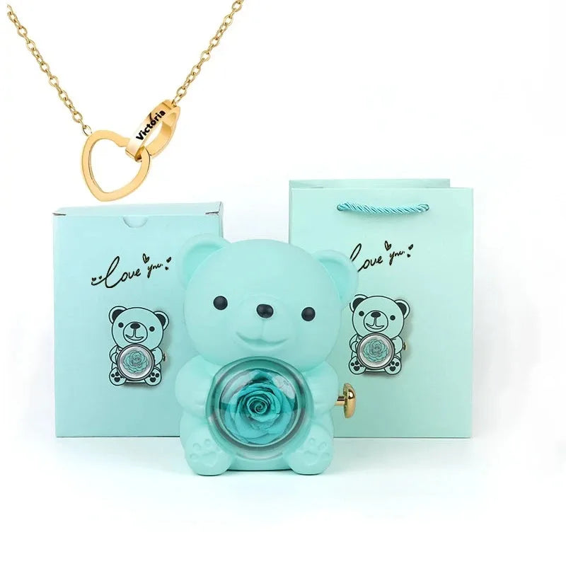 Eternal Rose Teddy Bear Gift Box with Necklace (Green Gold)